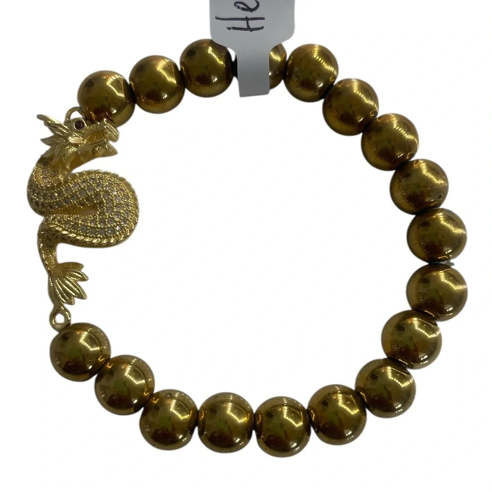 Gold Hematite Dragon Bracelet, Stretch, Gemstone bracelet - Picture 1 of 6